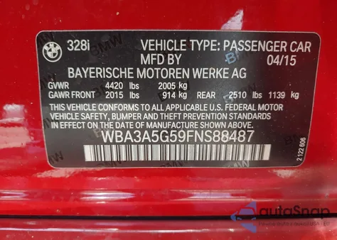 2015 BMW 328I z USA, uszkodzony, nr VIN WBA3A5G59FNS88487